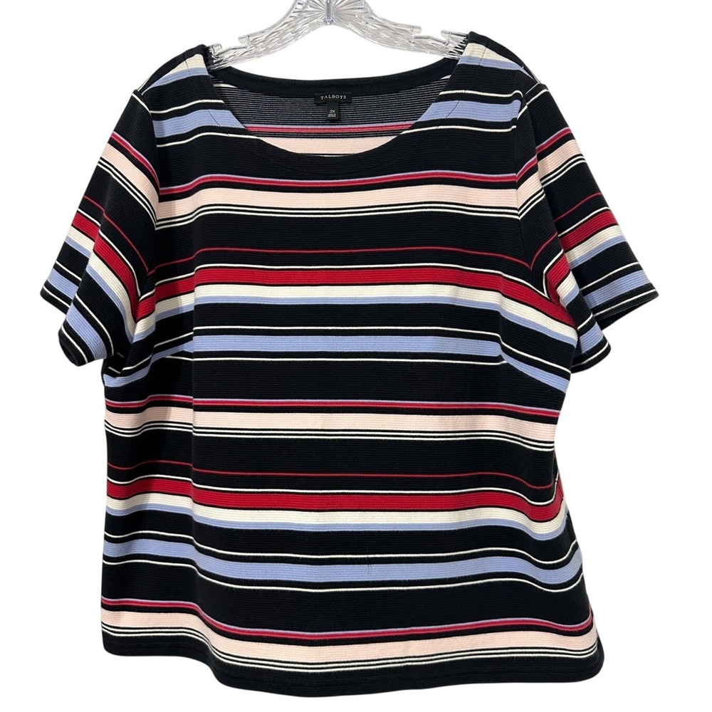 Talbots Striped Top Womens 2X Black Red Blue Ribbed Knit Boat Neck Short Sleeve